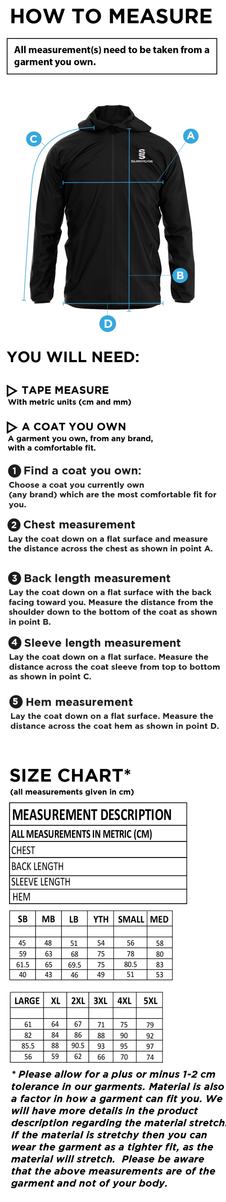 MPS Full Zip Training Jacket : Black - Size Guide