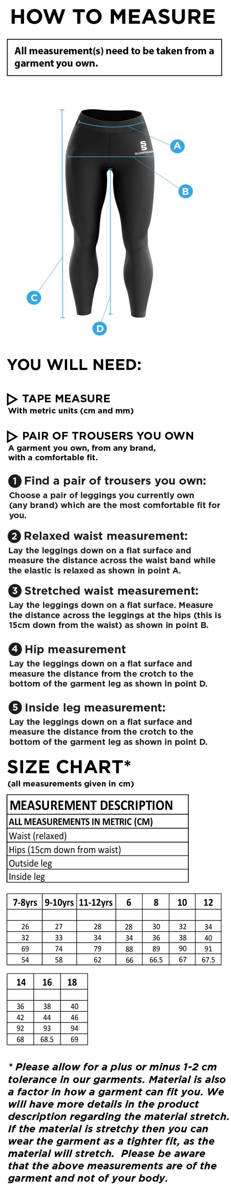 MPS Performance Full Length Leggings - Size Guide