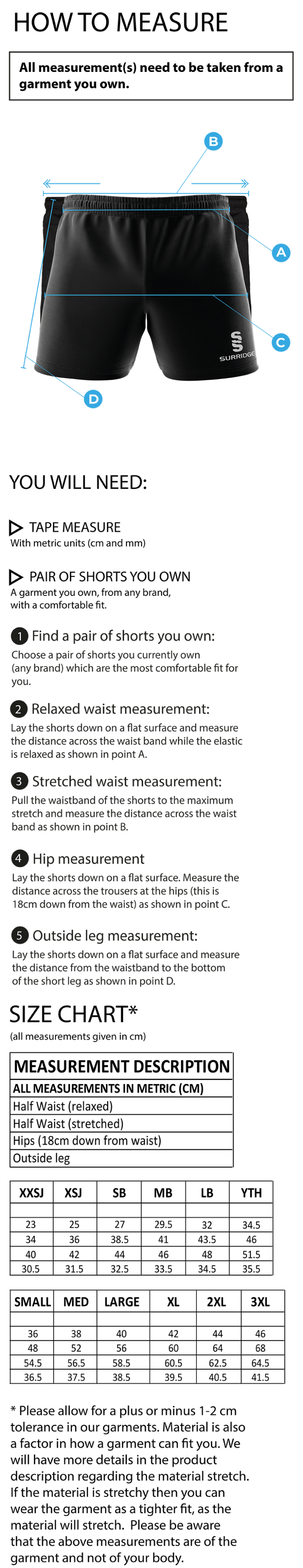 MPS Premier Rugby ShortS - Size Guide